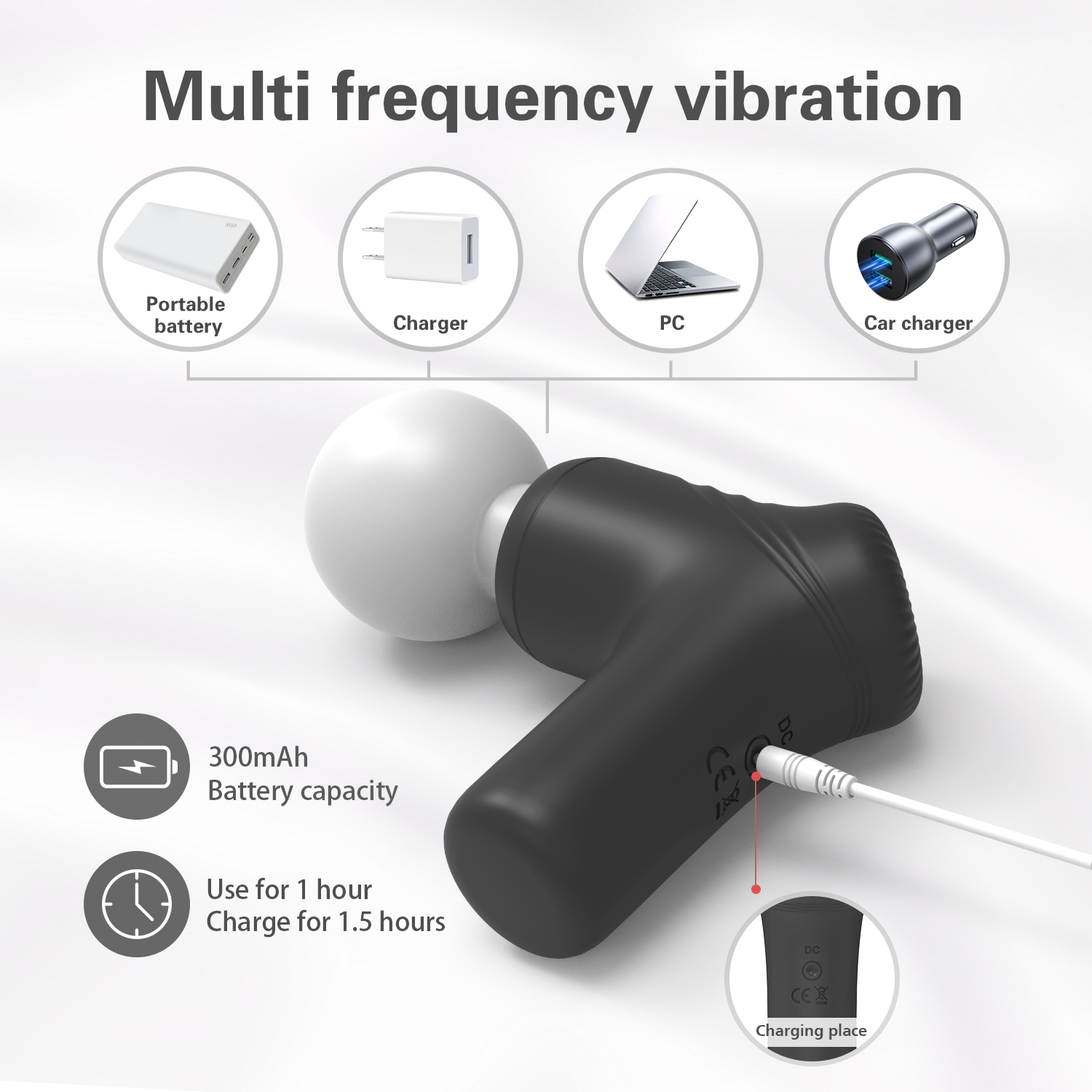 Vibrátor.masszázs funkciókkal. Fekete, fehér fejjel. A fotó mutatja, hogy milyen funkciókkal és kiegészítőkkel érkezik a termék. Tölthető laptoppal, autótöltőt is adnak hozzá és másfél óra töltés után egy órán keresztül használható.