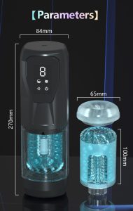 Fekete színű, 270 mm hosszú, digitális kijelzős szenvedély a kézben prémium férfi maszturbátor, és mellette annak 100 mm hosszú, áttetsző kék, texturált belső tpe hüvelye a méretekkel illusztrálva.