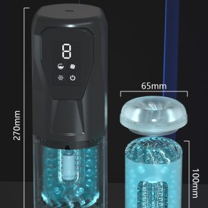 Fekete színű, 270 mm hosszú, digitális kijelzős Szenvedély A Kézben prémium férfi maszturbátor, és mellette annak 100 mm hosszú, áttetsző kék, texturált belső TPE hüvelye a méretekkel illusztrálva.