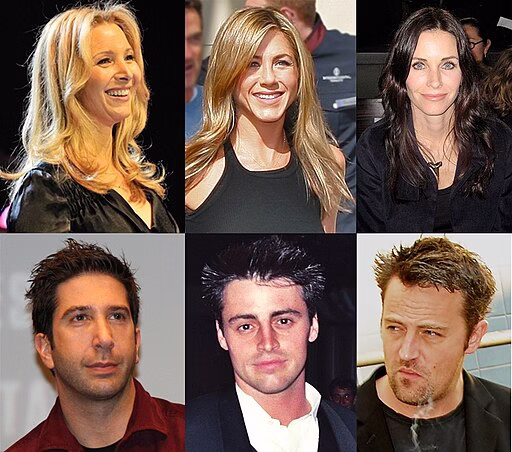 A Friends sorozat főszereplőinek montázsa: Jennifer Aniston, Courteney Cox, Lisa Kudrow, Matt LeBlanc, Matthew Perry és David Schwimmer.