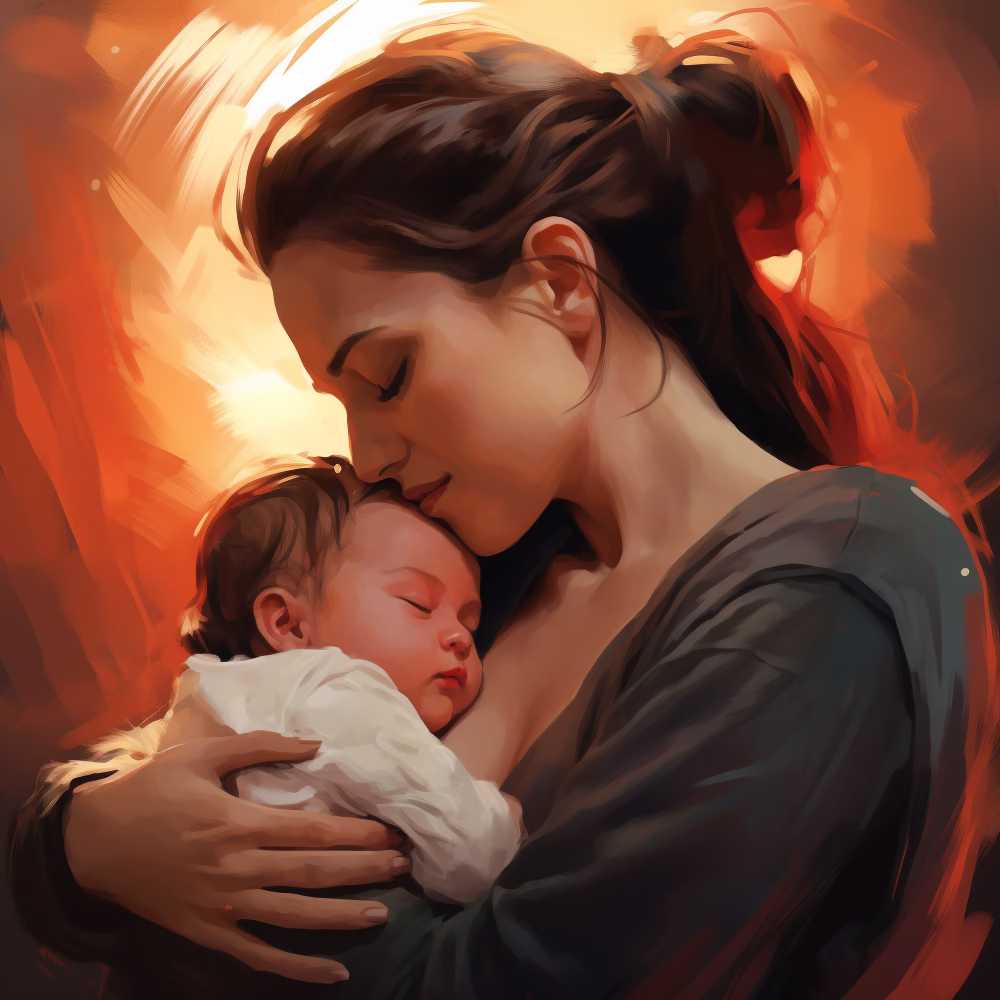 Egy fáradt anya a kisgyerekével sötétebb háttér előtt.