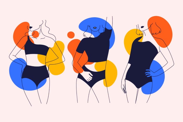 A testkép és önbizalom illusztrációjára készült rajz, három nővel a képen. Három fő szín van jelen, a kék, citromsárga és kék, absztrakt formákkal a háttérben