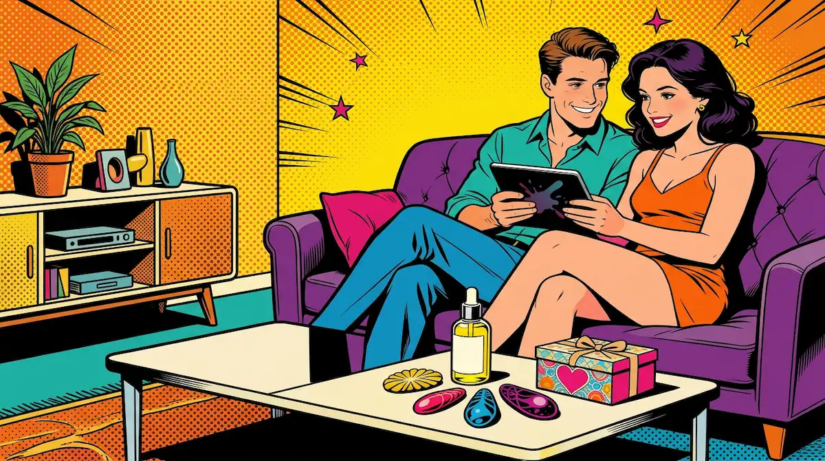 Retro pop-art stílusú illusztráció egy kanapén ülő, mosolygós párról, akik egy tabletet néznek. Az asztalon ajándékdoboz és elegáns, intim kiegészítők láthatók.